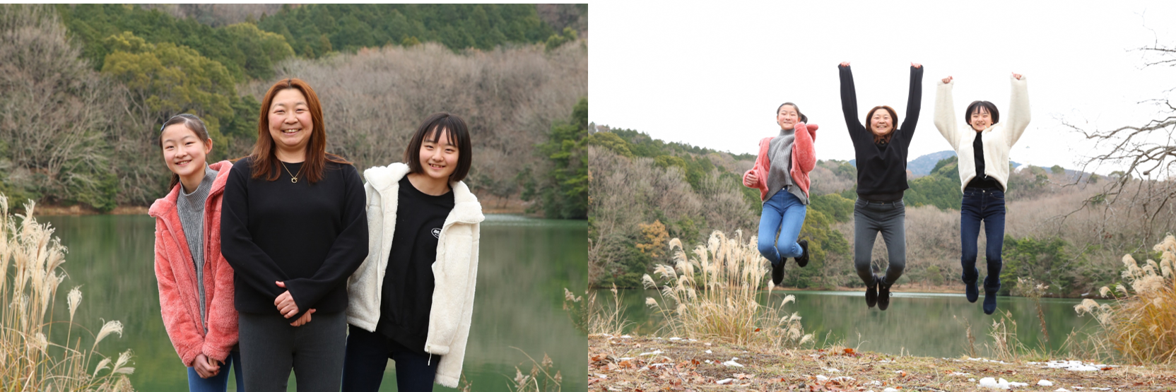 左の写真)親子で肩を並べる増本さん(、(右の写真)親子で一斉にジャンプをする増本さん