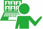 パソコンの前でオンラインで話しているシルエットイラスト