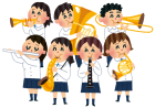 ブラスバンド部の7名の生徒が演奏しているイラスト