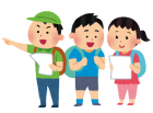 3名のグループの生徒が用紙を手に持ちウォークラリーに参加しているイラスト