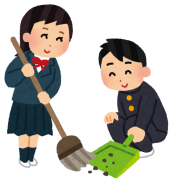 塵取りを持った男子学生と、ほうきを持った女子学生がそうじをしているイラスト
