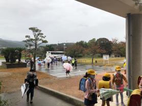 奥に駐車しているバスに向かって傘をさして歩いて行く生徒たちの写真
