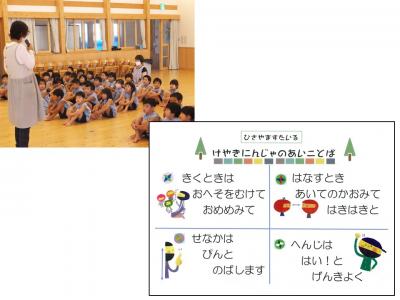 左上:マイクを持って話をしている先生と、床に座って話を聞いている園児たちの写真、右下:ひさやますたいる けやきにんじゃのあいことば、きくときはおへそをむけておめめみて、はなすとき あいてのかおみてはきはきと、せなかはぴんとのばします、へんじははい!とげんきよく