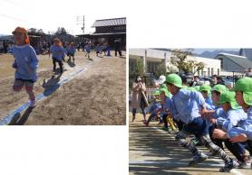 左:運動場を走っている園児たちの写真、右:一斉にスタート地点から走りだす園児たちの写真