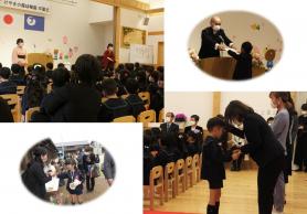 左上:演壇で話をしている先生と椅子に座って聞いている園児たちの写真、左下:卒園児と保護者の写真、右上:卒園証書を受け取る園児の写真、右下:卒園児と先生の写真