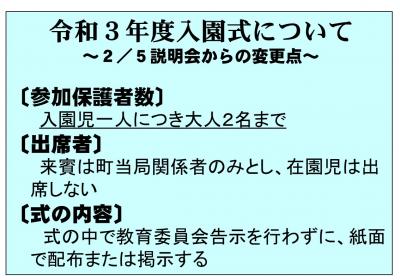 令和3年度入園式について~2月5日説明会からの変更点~〔参加保護者数〕入園児一人につき大人2名まで〔出席者〕来賓は町当局関係者のみとし、在園児は出席しない〔式の内容〕式の中で教育委員会告示を行わずに、紙面で配布または掲示する
