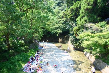 猪野公園の川の両側に木々が生えている緑豊かな川で遊んでいる人々の写真