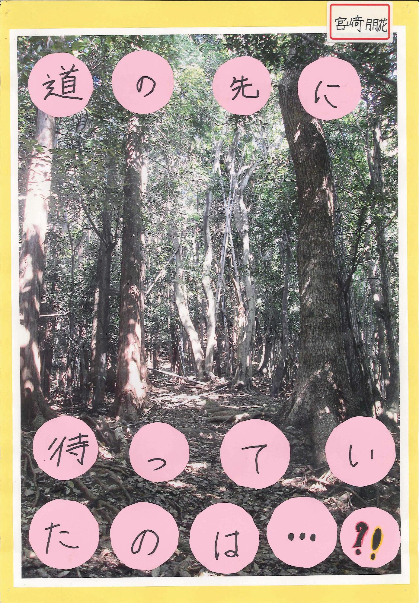木々や草が生い茂る山道の写真に「道の先に待っていたのは…⁈」というキャッチコピーが書かれたポスターの写真