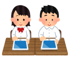 隣同士の席に座っている女子生徒と男子生徒が、机の上に置いてあるタブレットを見ているイラスト