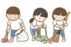 3名の生徒がホウキで掃いたり、ゴミを拾って清掃活動しているイラスト
