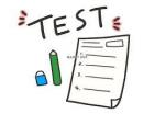 TESTの文字に答案用紙と鉛筆、消しゴムのイラスト