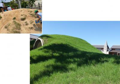 左上：土がむき出しの築山の写真、右：緑の芝生で覆われた築山の写真