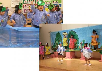左：お魚怪獣役のお面をかぶった園児たちが右手を上に挙げる写真、右：衣装を着た年長さんの園児たちが劇を披露している写真
