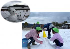 左上：雪だるまと雪うさぎの写真、右下：三角の黄色い帽子をかぶった雪だるまを作っている園児たちの写真