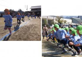 左：運動場を走っている園児たちの写真、右：一斉にスタート地点から走りだす園児たちの写真