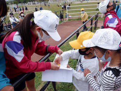 たくさんの人がいる公園で、上級生が1年生に紙を見せている写真