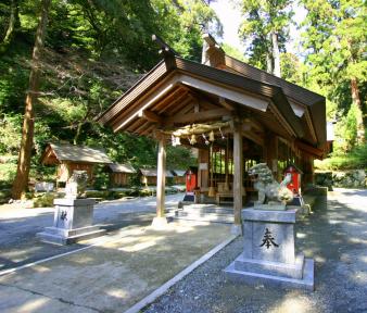 林に囲まれた中央の両脇に狛犬の石碑が建ち、奥に社殿が鎮座する伊野天照皇大神宮の写真