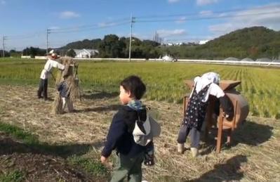 稲が刈られた後の田んぼに木製の精米機やかかしが設置されており、そのそばを帽子を背中にかけた男の子が歩いている写真